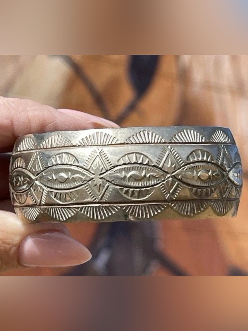 Vintage Navajo Sterling Silver Stamped Cuff Bracelet Signed W Wide 1” Heavy 38g